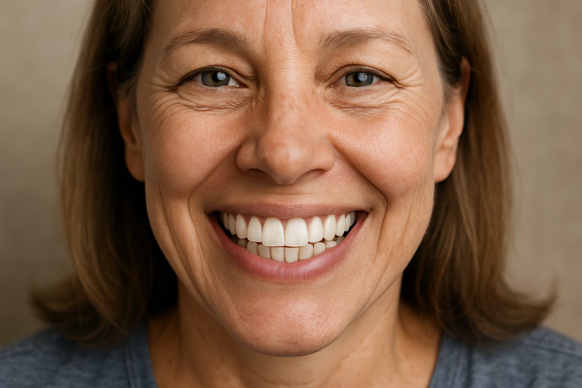 An up-close image of a person smiling, revealing a full set of permanent replacement teeth that look natural and healthy. No text on the image.