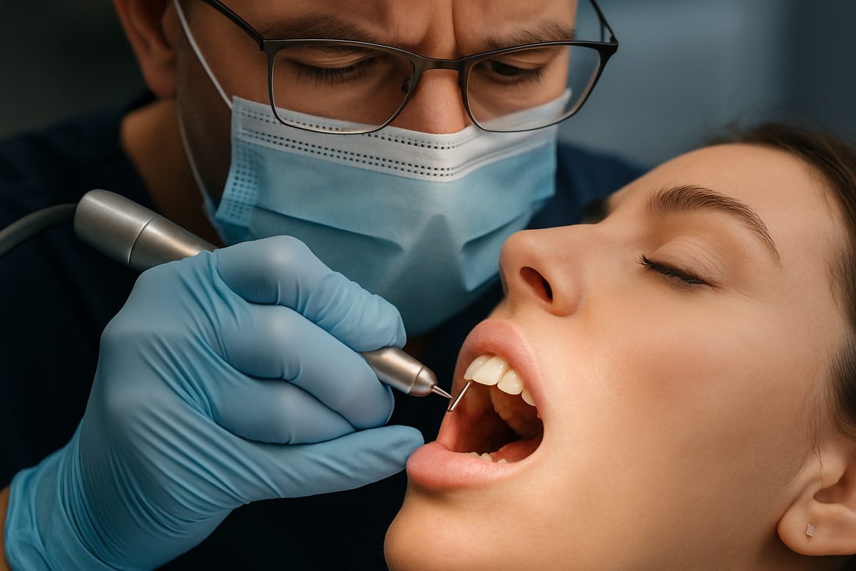 Close up image of a dentist using a small tool to shave down a tooth for veneer preparation. The dentist is wearing gloves and a mask, and the patient is in a dental chair. No text on image.