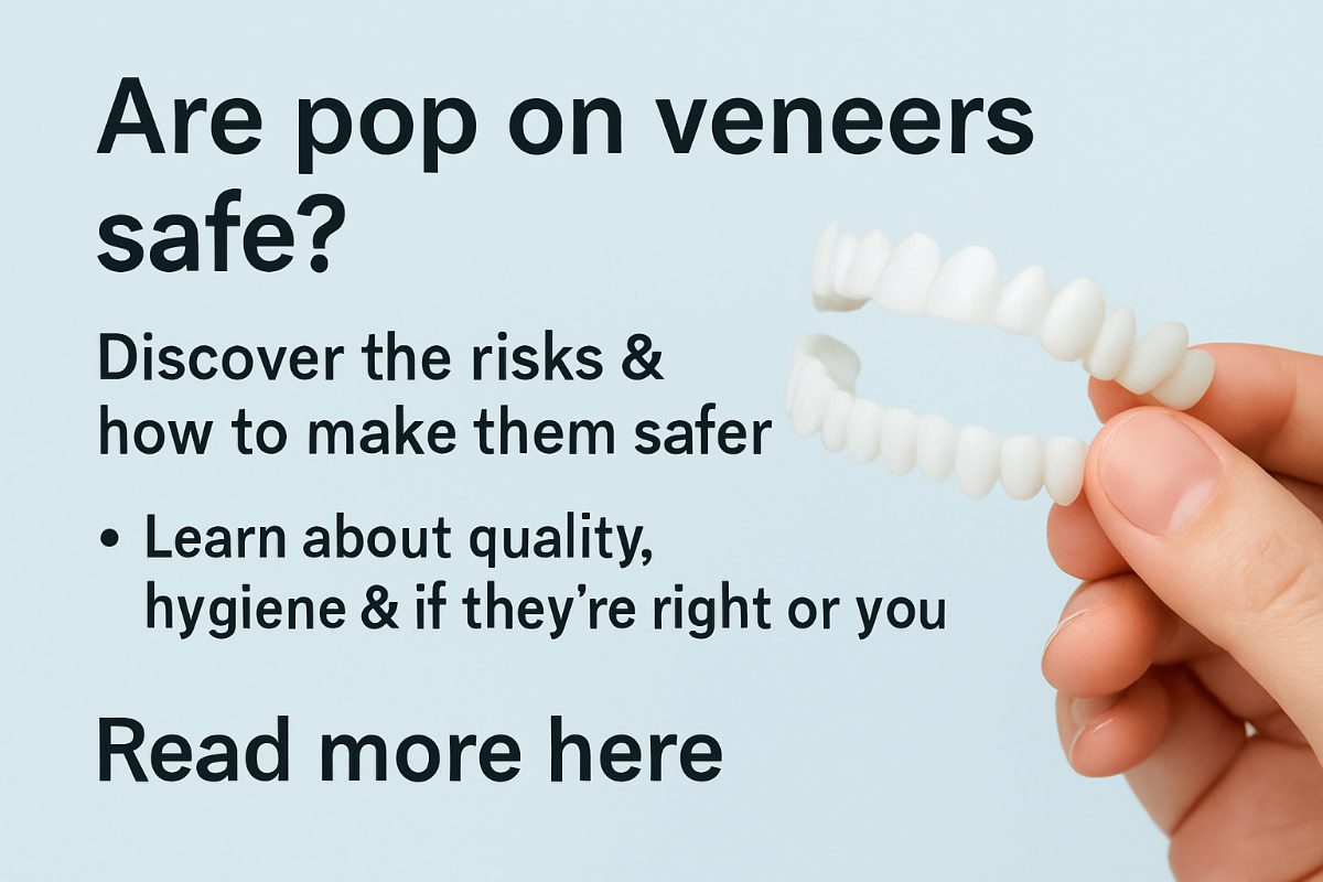 A person smiling, showing off their smile with pop-on veneers, but one of the veneers is askew and not properly aligned. The background should be blurred, with a dental office subtly visible. No text on image.