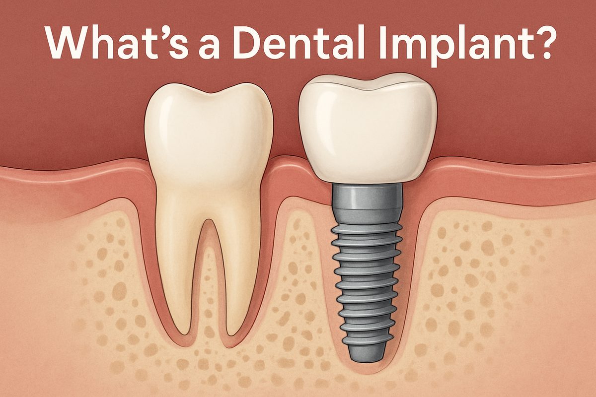 Image of a cross section of the mouth, showing a dental implant in the jawbone with an abutment and crown attached, next to a natural tooth. Text on the image says "What's a Dental Implant?".