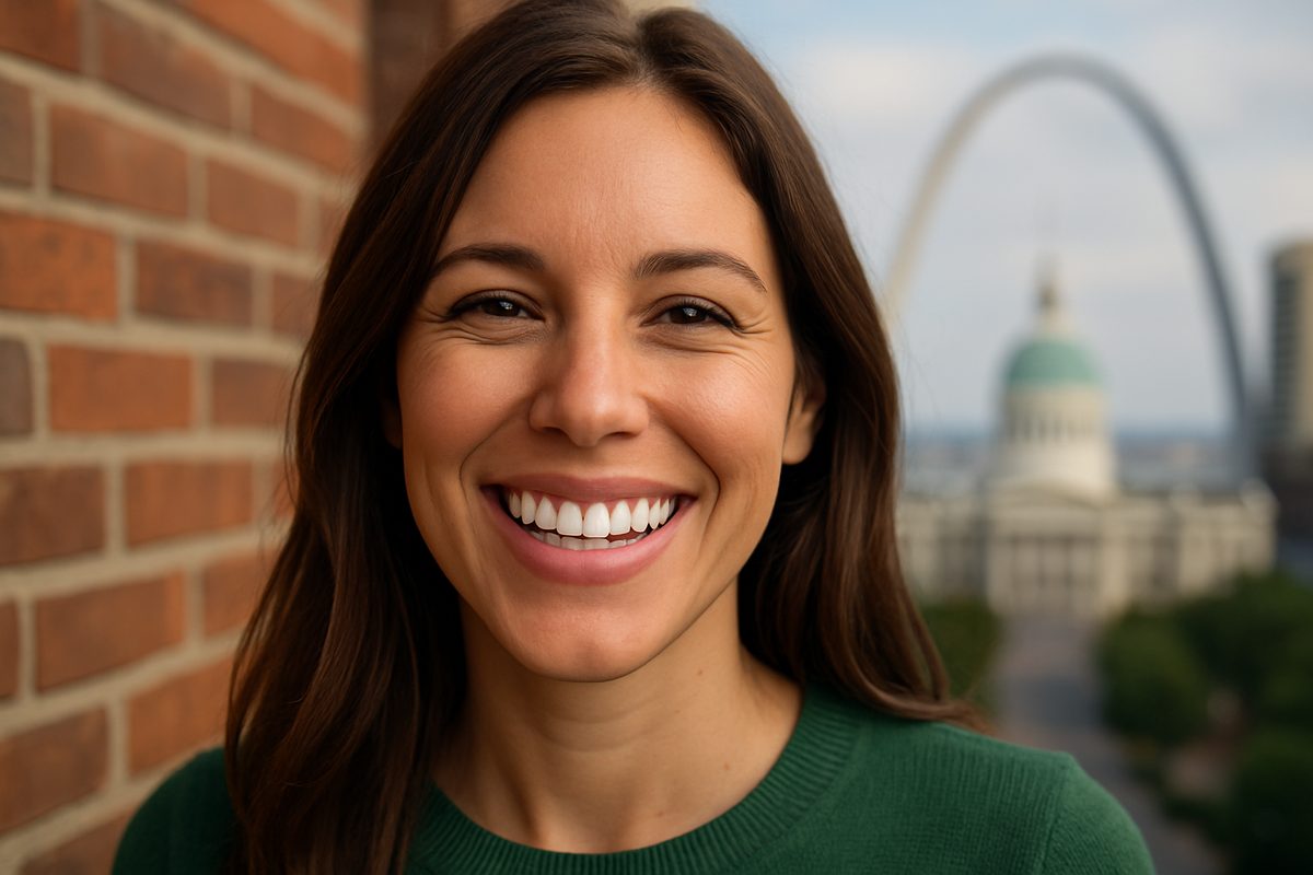 A beautiful smile makeover reveal in St. Louis, Missouri, showcasing a patient smiling brightly after receiving porcelain veneers. The image should highlight the natural look and enhanced aesthetics achieved with porcelain veneers. No text on image.