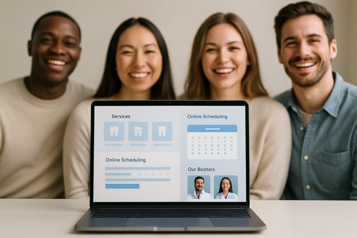 Showcase a visually appealing, modern dental website on a laptop, surrounded by happy patients in the background. The website should feature clear service pages, online scheduling options, and doctor bios. No text on the screen.