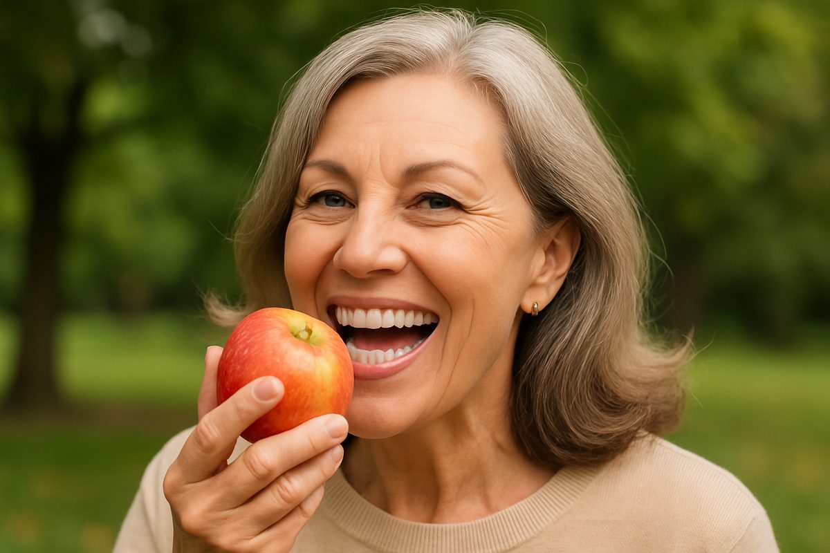 Image of a smiling woman in her 50's, confidently eating an apple, showcasing the benefits of a full set of dental implants. No text on the image.