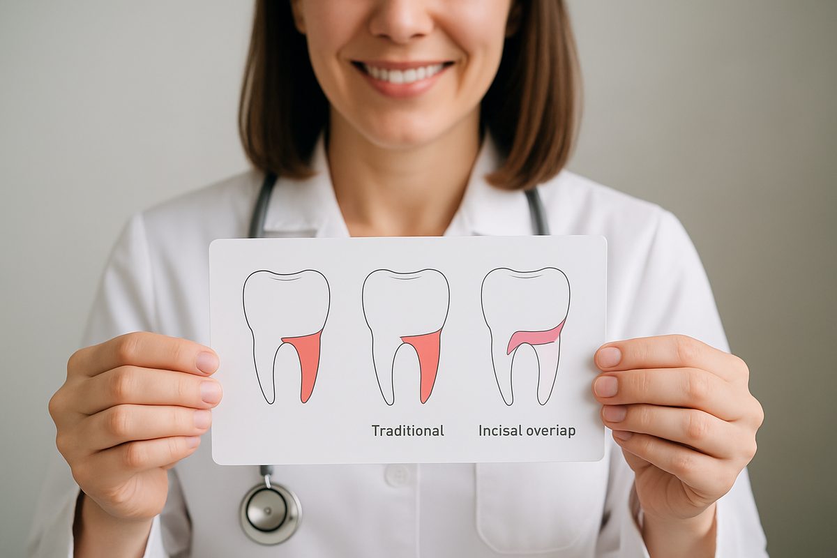 Image showcasing a dentist holding up examples of different "types of veneer preparation" ranging from minimal-prep to traditional, to incisal overlap. No text on image.