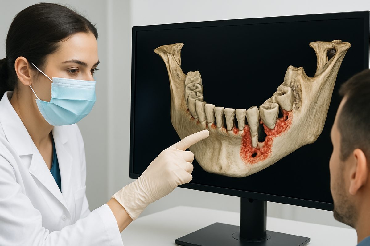 A dentist is reviewing a 3D scan of a patient's jawbone, pointing out areas where bone grafting may be necessary before implant placement. No text on the image.