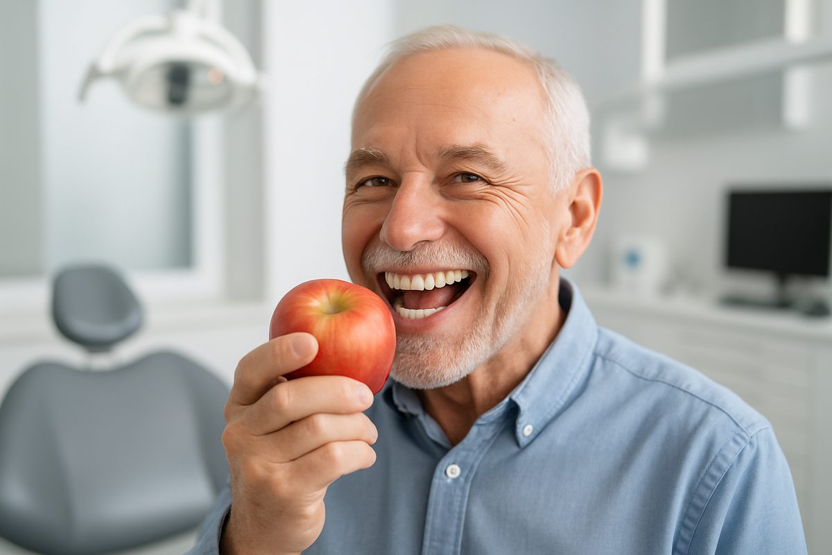 Photo of a smiling senior man with dental implant dentures confidently eating an apple. The background shows a modern dental clinic, and the image conveys a message of restored oral health and improved quality of life. No text on image.