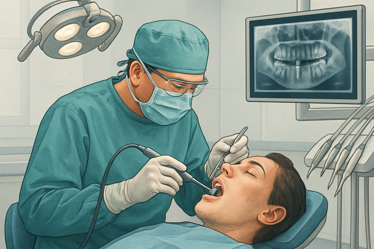 Illustration depicting a dentist in surgical scrubs performing a tooth implant surgery on a patient in a dental chair, using modern tools and technology in a sterile environment. No text on image.