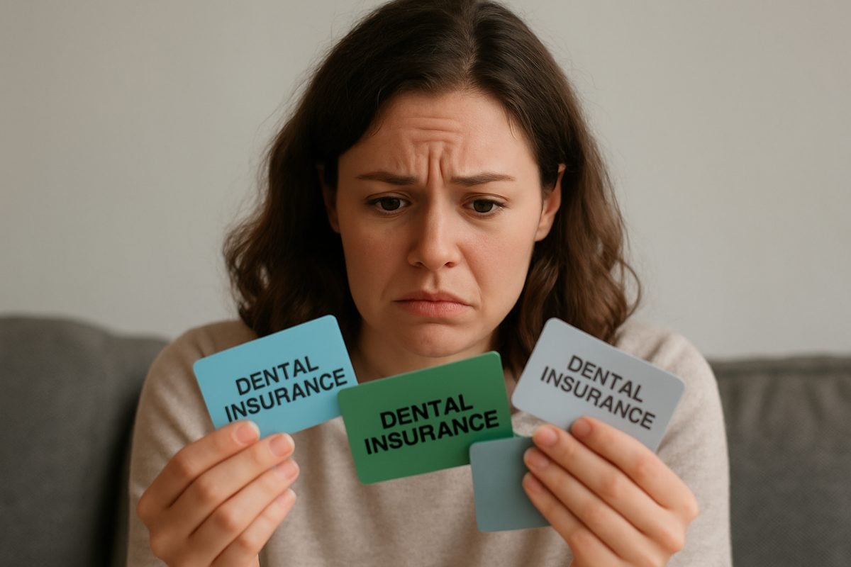 Photo of a woman looking overwhelmed while holding different dental insurance cards. No text on the image.