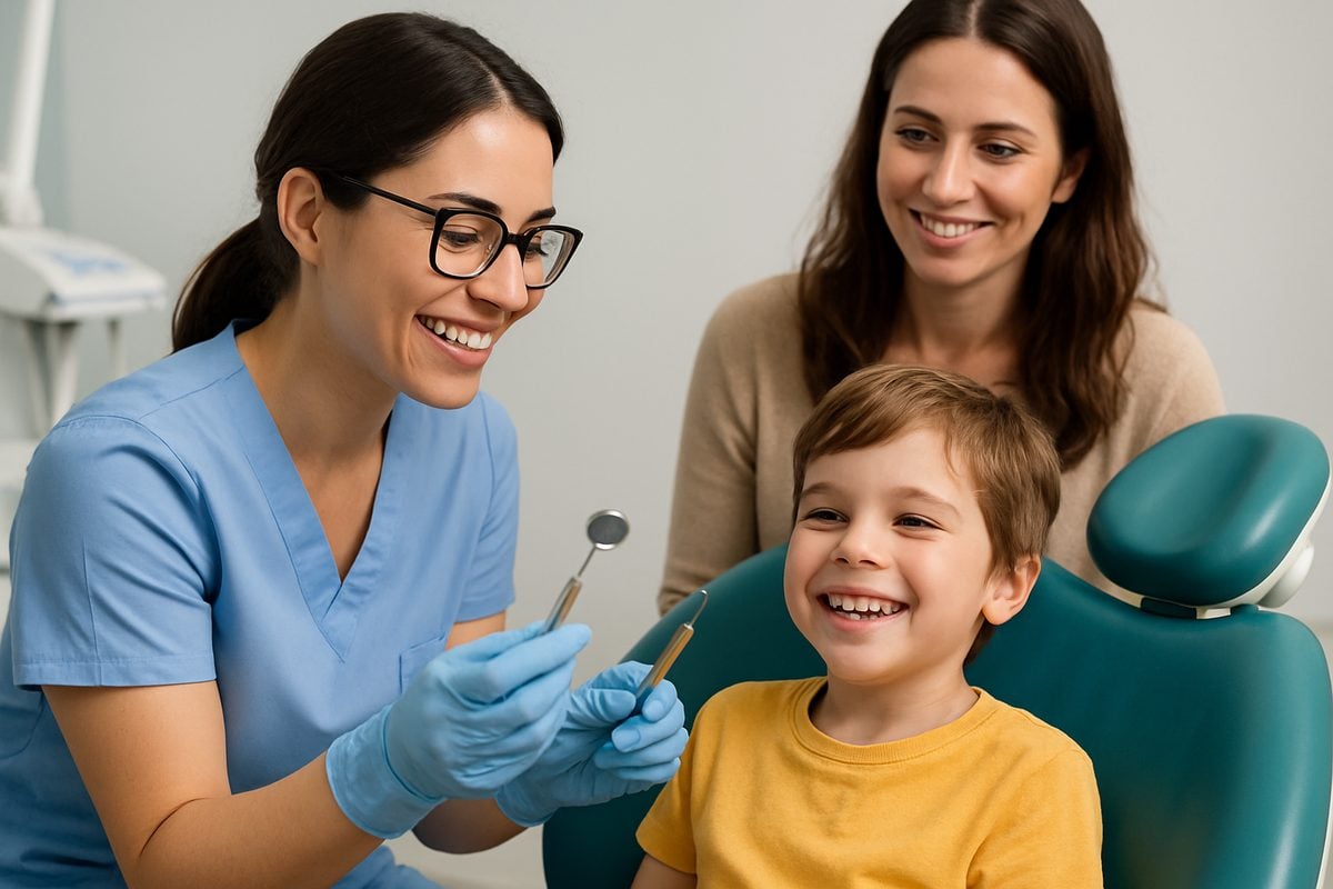 A happy child is sitting in a dentist chair while the pediatric dentist shows them the tools they will be using. The child's parent is standing behind the dentist, smiling. No text on the image.