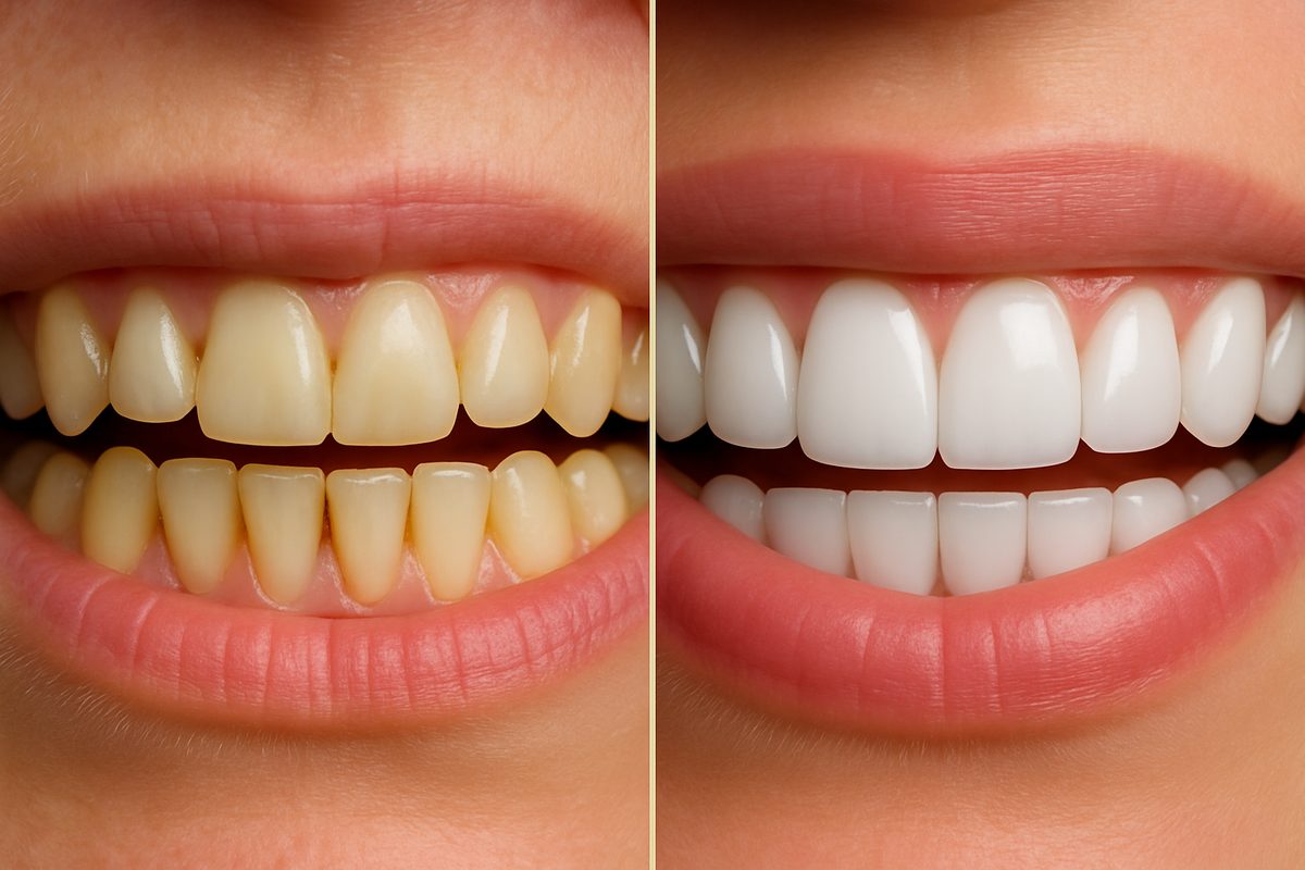 Close up studio shot of two sets of teeth side by side, one with traditional teeth, and one with a perfect smile due to porcelain veneers.