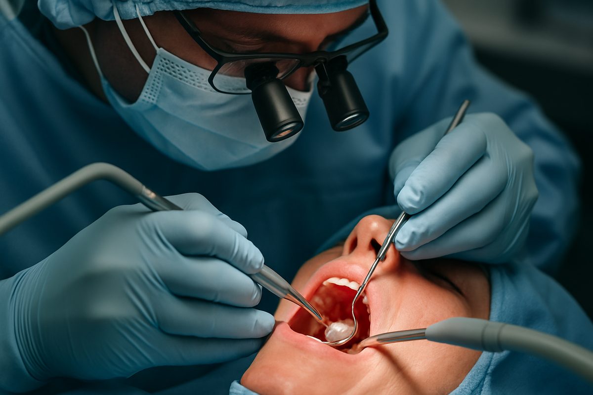 A dentist wearing surgical scrubs is performing surgery on a patient's tooth, using sterilized dental instruments. The image focuses on the surgical area inside the patient's mouth. No text on image.