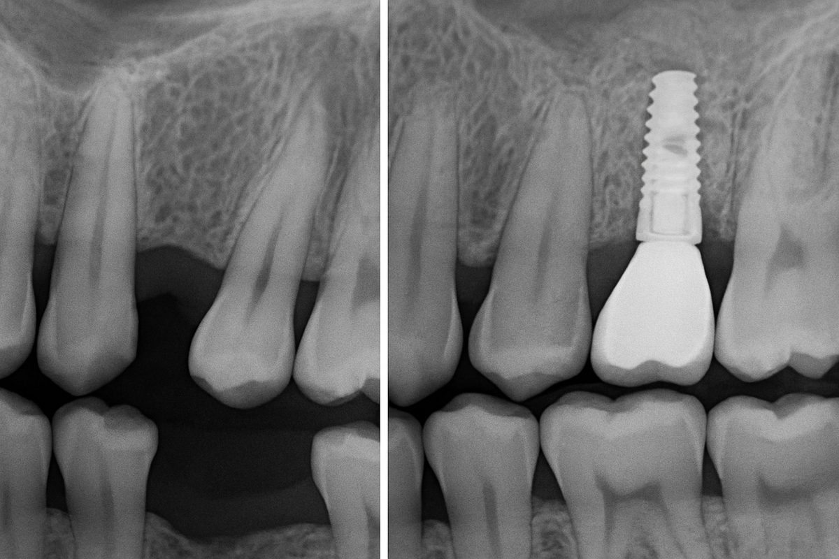 A before-and-after image demonstrating bone loss in the jaw and restoration after a bone graft with dental implant placement. No text on image.