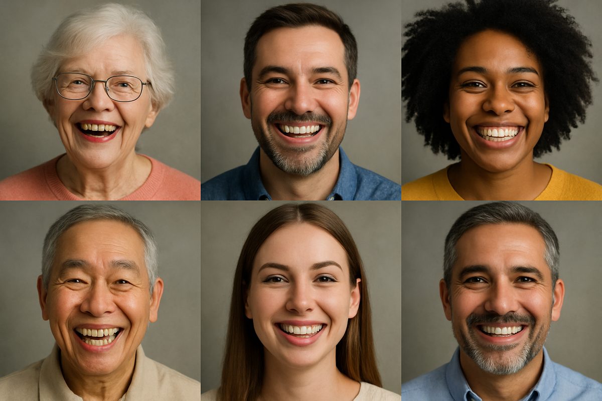 A diverse group of people smiling, each showcasing a different type of "fake teeth" or dental restoration, including dentures, implants, bridges, and veneers. No text on image.