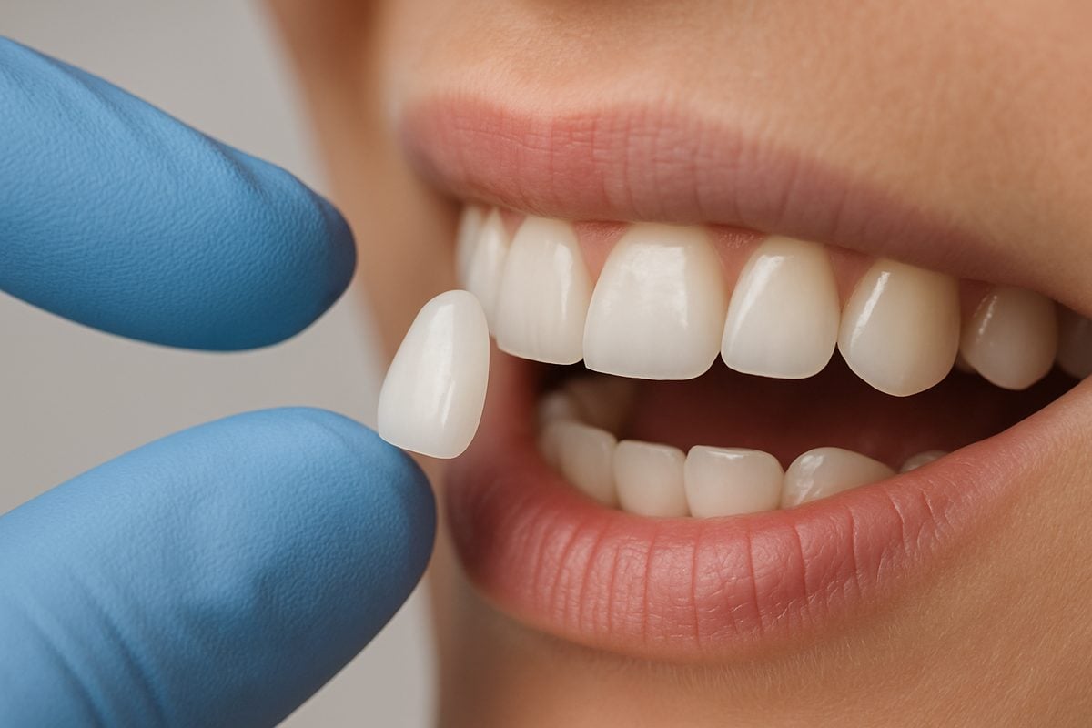 Close up of a dentist holding a custom made veneer next to a patient's tooth. The tooth is mildly misshapen, and the veneer is perfectly shaped. No text on image.