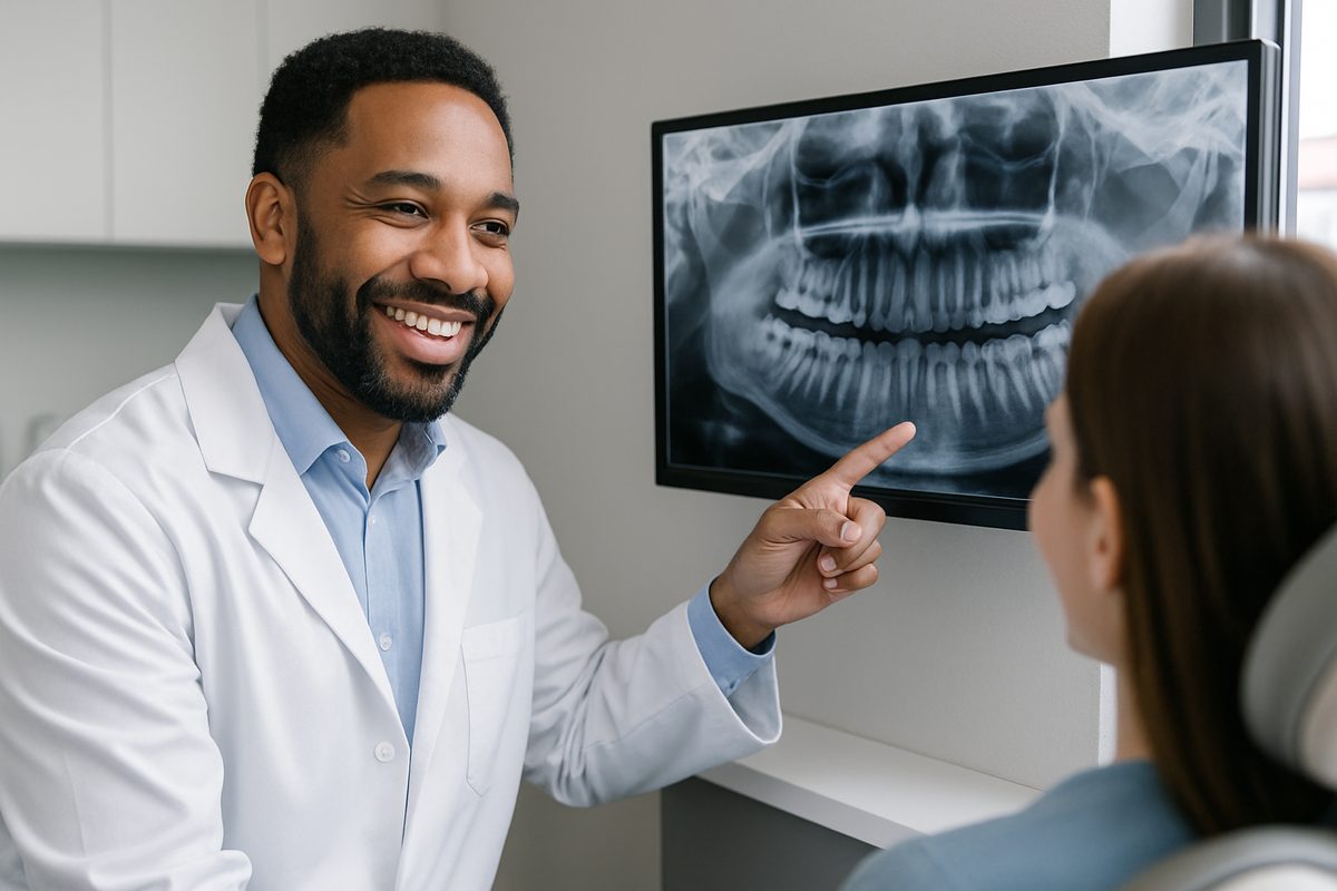 A friendly dentist in St Louis, MO, smiles warmly at a patient while pointing to a digital x-ray displayed on a large monitor. The office environment is modern and clean, suggesting advanced technology and comfortable care. No text on image.