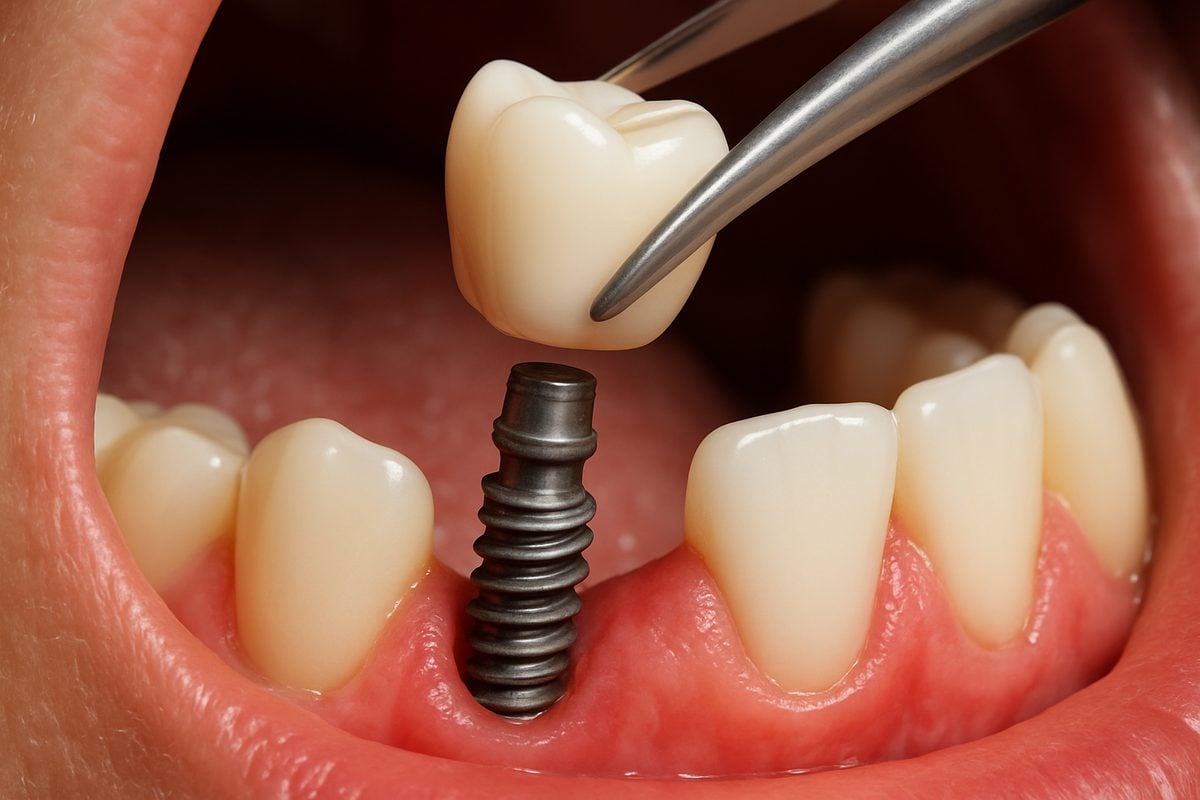 Close-up shot of a tooth dental implant being placed into a patient's mouth. No text on image.