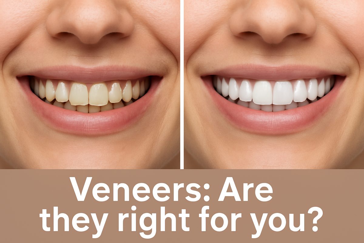 A person with slightly yellow teeth smiling, and then the same person with a perfect smile and bright white "venures teeth" after getting veneers. Text on the image says "Veneers: Are they right for you?"