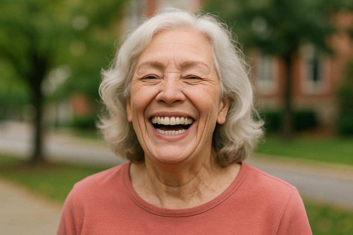 A serene, confident senior woman in Columbia, MO, is laughing, revealing a full set of dental implants that look natural and healthy. The background is blurred to focus on her radiant smile. No text on image.