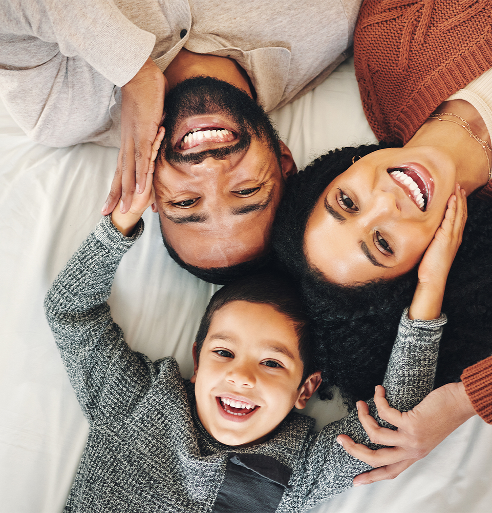 Top view, portrait and family with love, smile