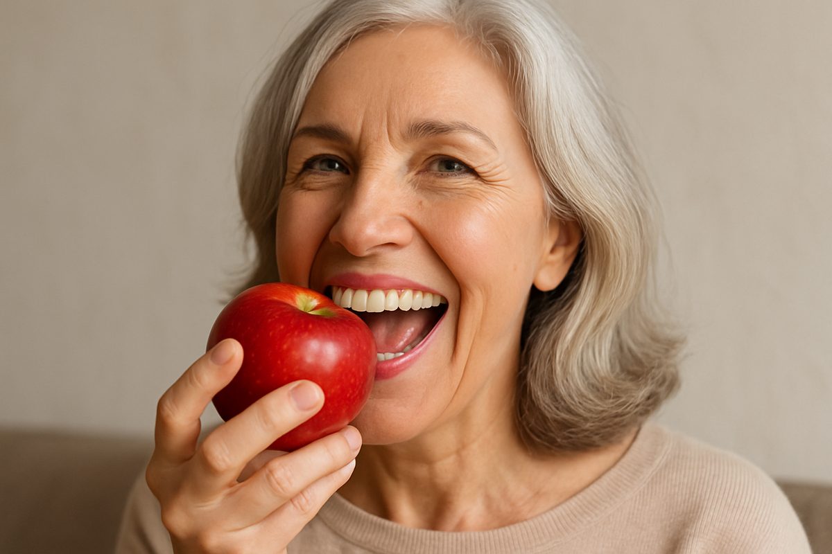 Image of a smiling, mature woman who has obviously healed from dental implant surgery, biting into a crisp red apple. No text on image.
