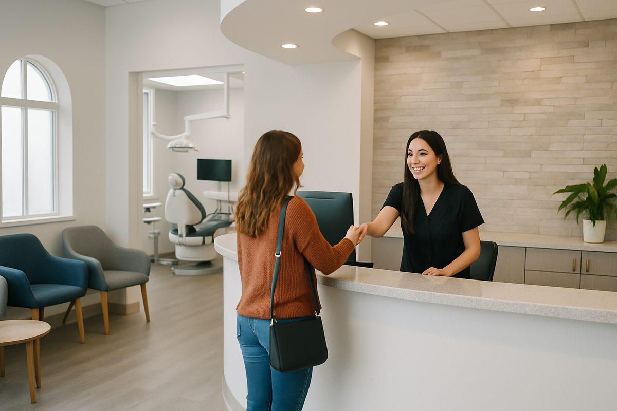 A modern dental office reception area in St. Louis, MO with comfortable seating and a friendly receptionist greeting a patient. The office is clean, well-lit, and features state-of-the-art equipment subtly in the background. No text on the image.