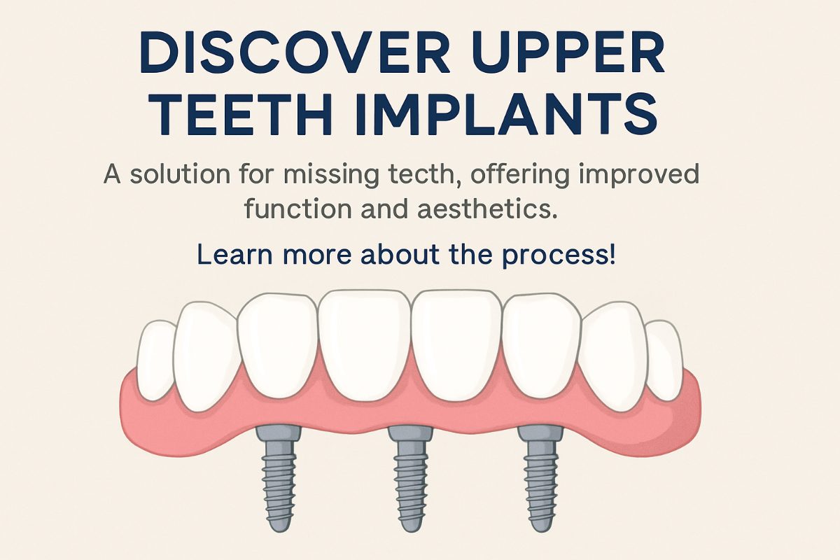 Image of a mouth with several upper teeth implants being placed. The gums are slightly peeled back to reveal the jaw bone with titanium posts placed. The image is clean and professional, conveying the idea of modern dental technology. No text on the image.