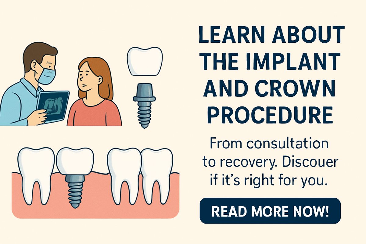 An animated graphic depicting the stages of an implant and crown procedure, from initial consultation and implant placement, to abutment and final crown placement. No text on the image.