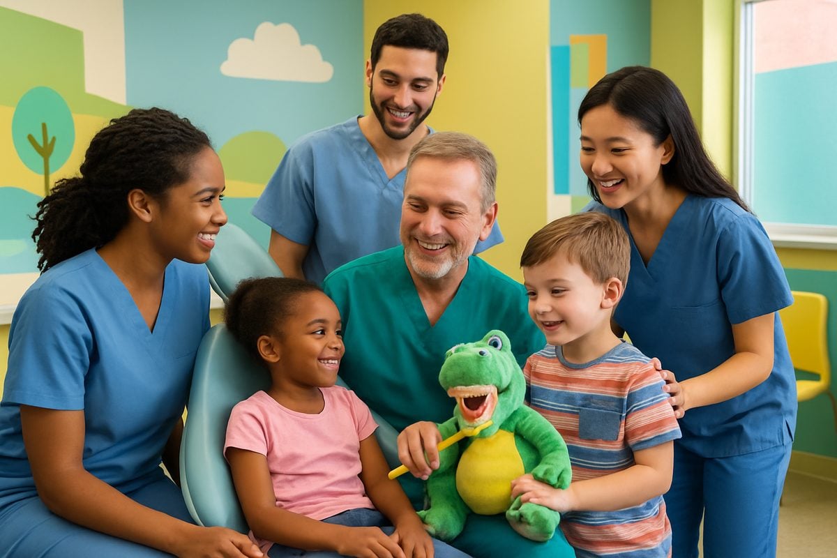 Photo of a friendly, diverse pediatric dental team interacting with children in a colorful, welcoming office. No text on the image.
