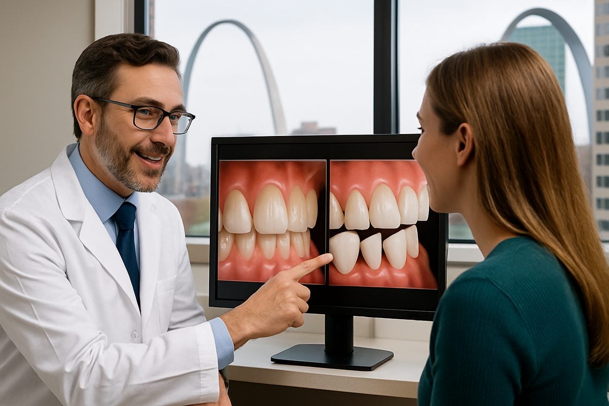 Image of a dentist in St. Louis, MO pointing to digital images of veneers being applied to a patient's back teeth. The dentist is speaking with the patient and explaining the benefits and risks of the procedure. No text on the image.