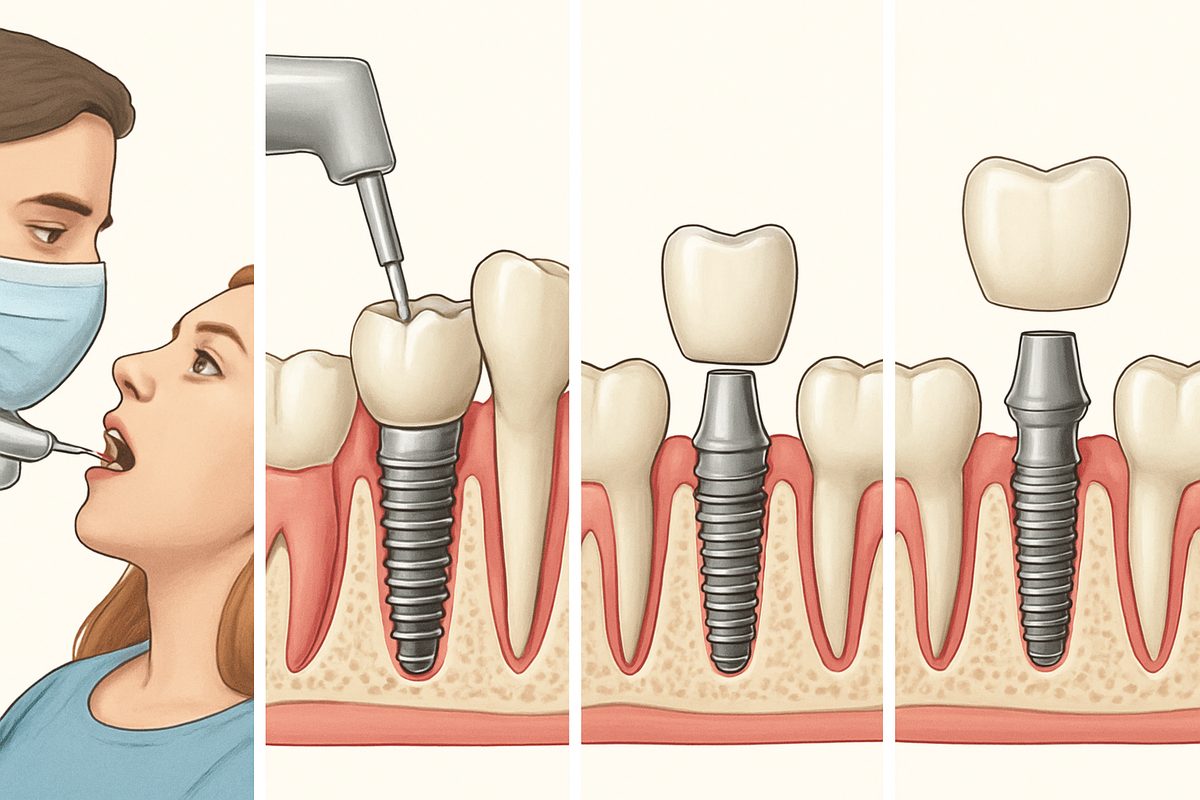 Image depicting the step-by-step process of a dental implant and crown procedure, from initial consultation and implant placement to final crown restoration. No text on the image.