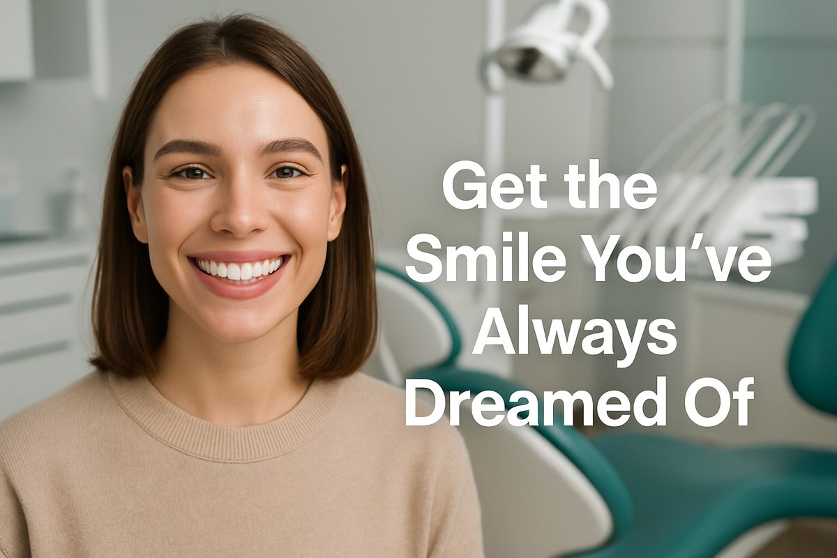 Image of a person smiling, showing off their perfect, white teeth after having a teeth veneer placed. The background should be a modern dental office setting. The text on the image says "Get the Smile You've Always Dreamed Of".