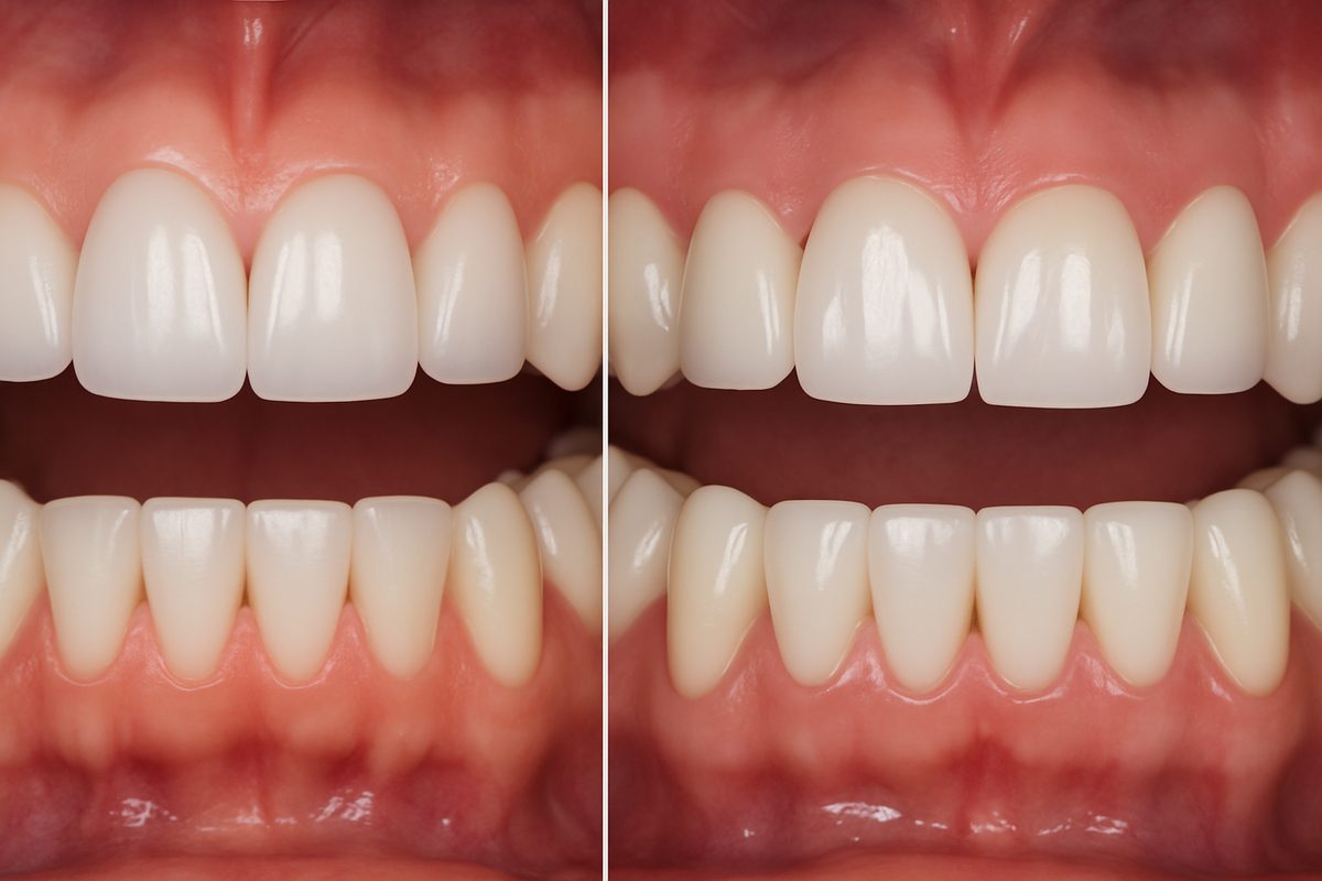 Photo comparing a set of teeth with porcelain veneers to a set of teeth with dental crowns, illustrating the difference in coverage and appearance. No text on image.