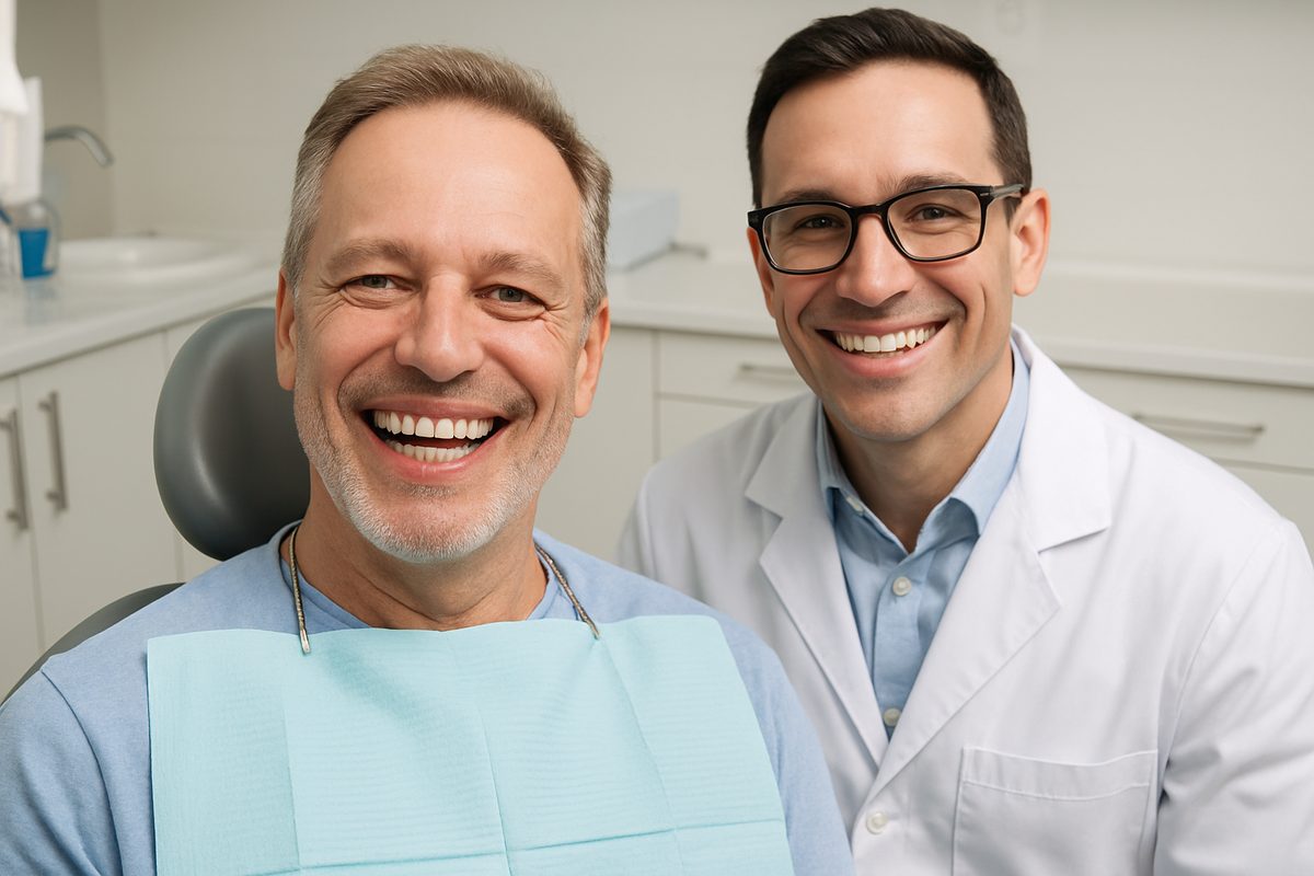 A happy patient is showing off their new smile after receiving popular dental implants. The dentist is smiling along side the patient, happy with the result. No text on the image.