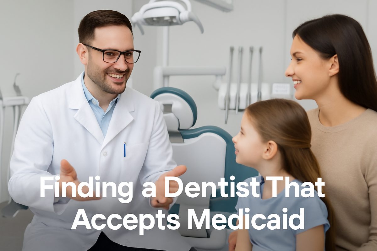 A friendly dentist is talking to a mother and child in a modern dental office, explaining their Medicaid dental coverage. The text on the image says "Finding a Dentist That Accepts Medicaid."