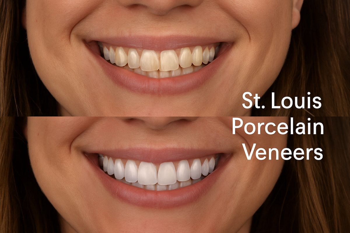 A beautiful smile makeover showcasing perfectly aligned, bright white porcelain veneers on a female patient in St. Louis, MO. Before and after photos should be included. Text on image should read "St. Louis Porcelain Veneers."