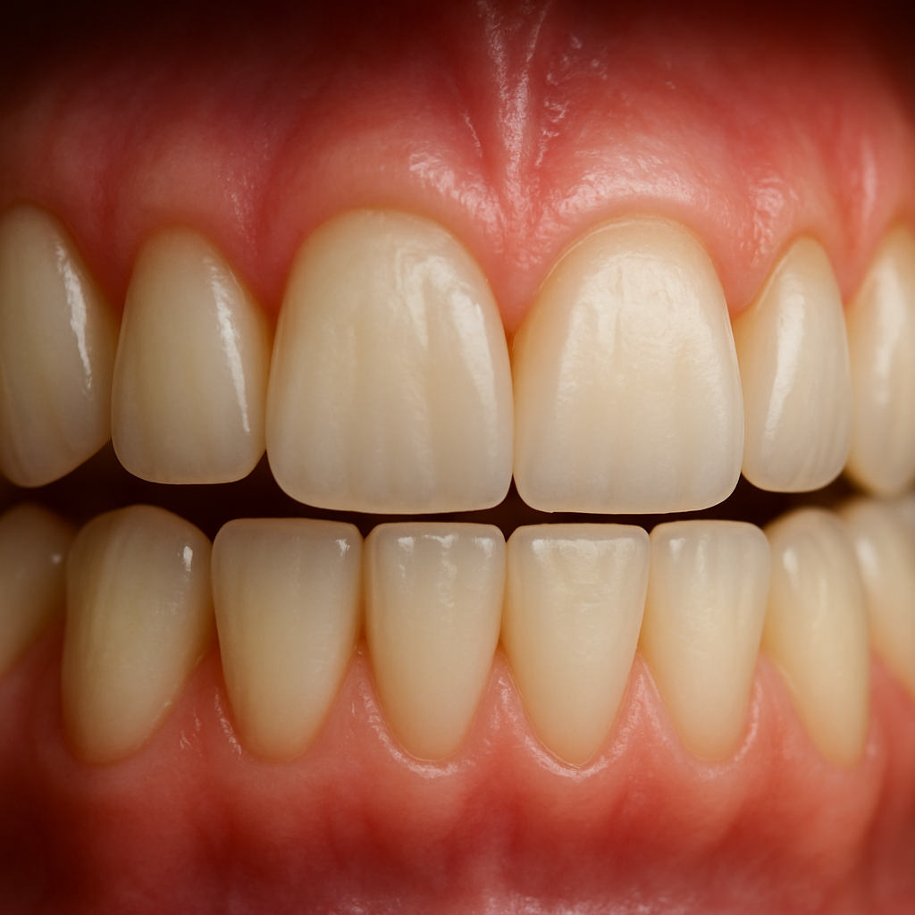 A close-up of natural-looking prosthetic teeth, highlighting their realistic appearance and seamless integration with the gums. No text on image.