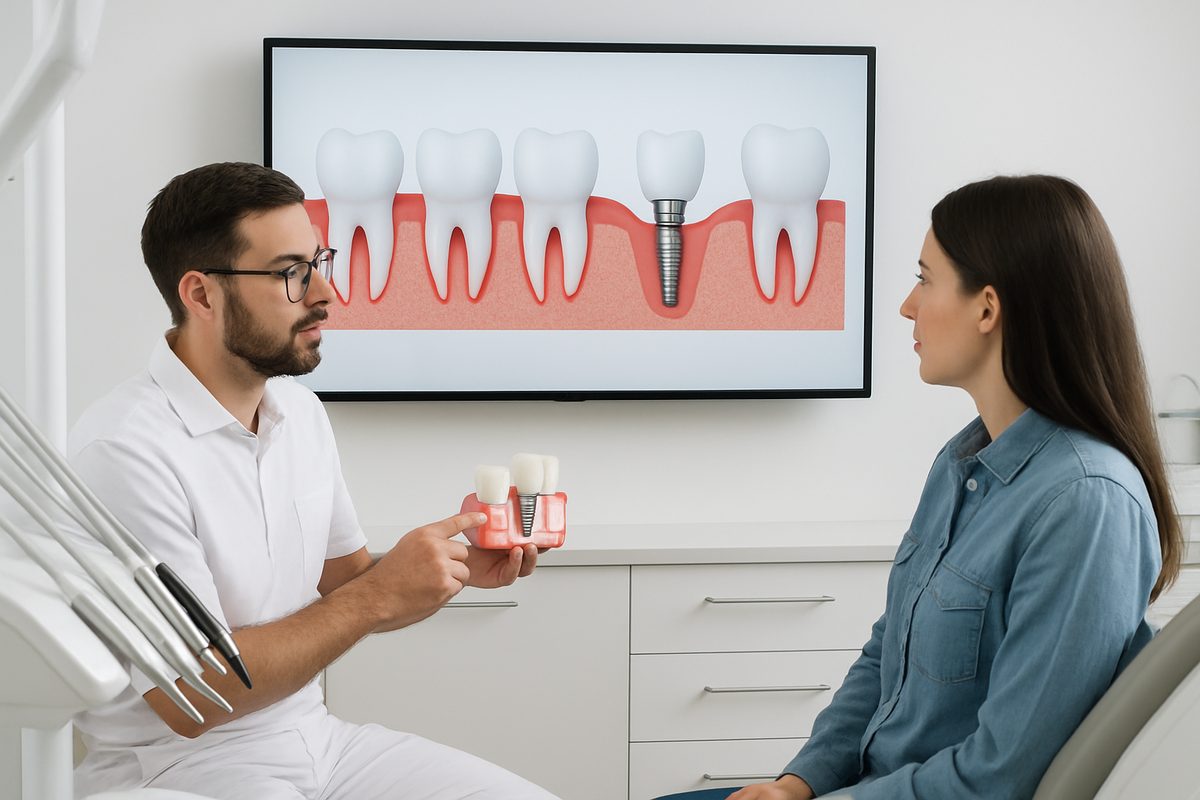 A modern dental office setting with a dentist explaining the dental implant procedure to a patient, using a digital screen to showcase the process. No text on the image.