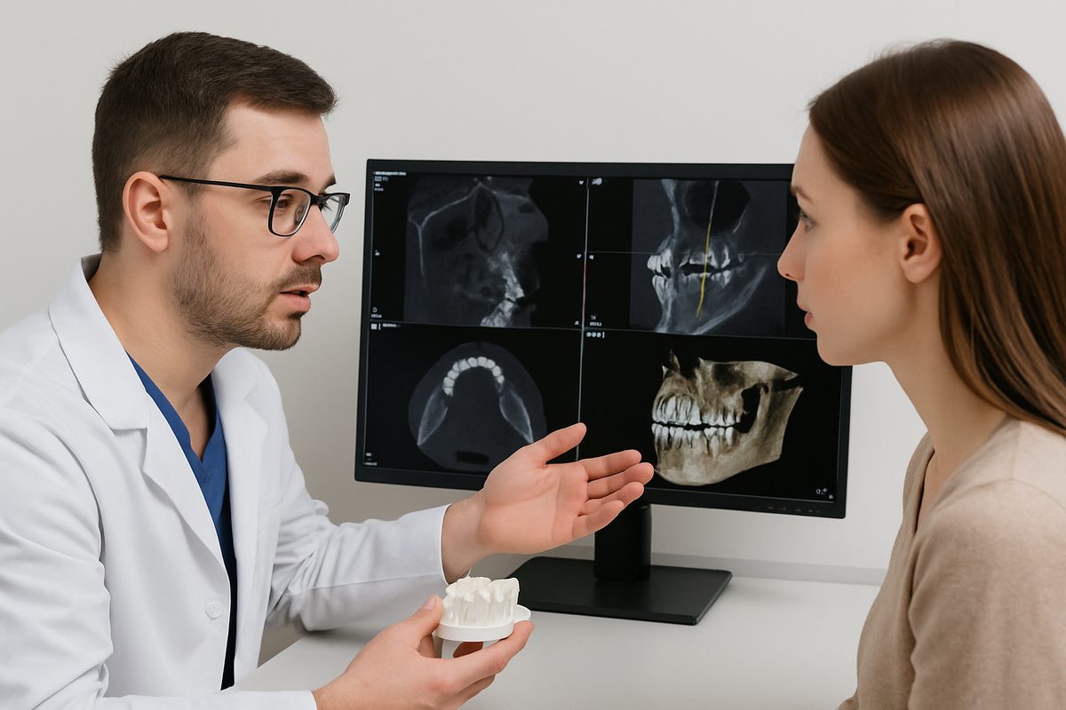 A dentist is consulting with a patient, using a 3D Cone Beam CT scan to plan for dental implant placement. No text on the image.
