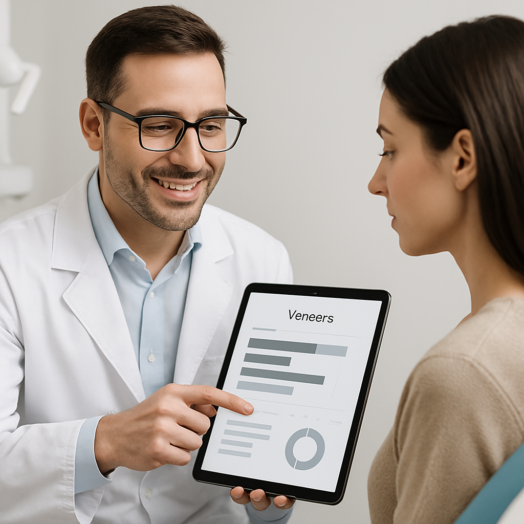Close-up of a dentist consulting with a patient about veneers, showcasing a cost breakdown on a tablet. The image conveys transparency and detailed planning for cosmetic dentistry. No text.