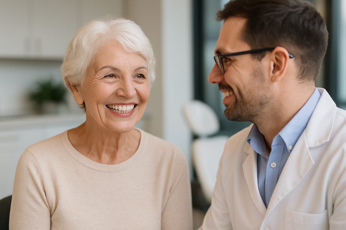 Photo of a smiling senior woman with dental implants talking to her dentist in an office setting. The background is slightly blurred to focus on the interaction between the patient and the dentist. No text on image.