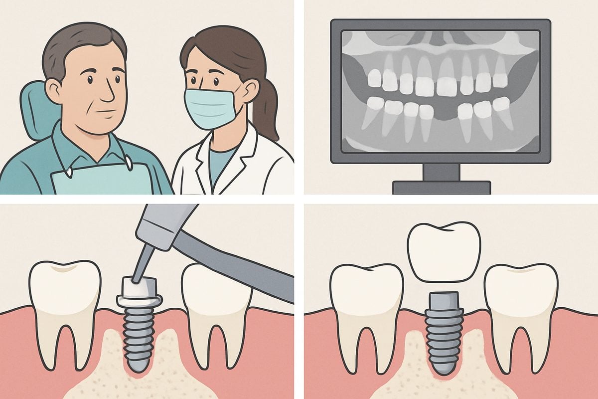 A step-by-step infographic illustrating the dental implant process, from initial consultation and imaging, to surgical placement, healing, and final restoration with a crown. No text on the image.