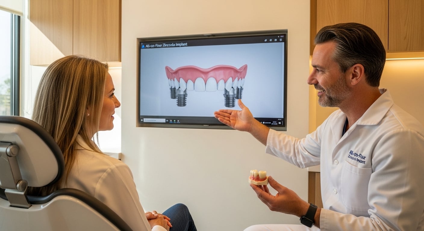 Dentist consulting with patient about all on four zirconia implants.