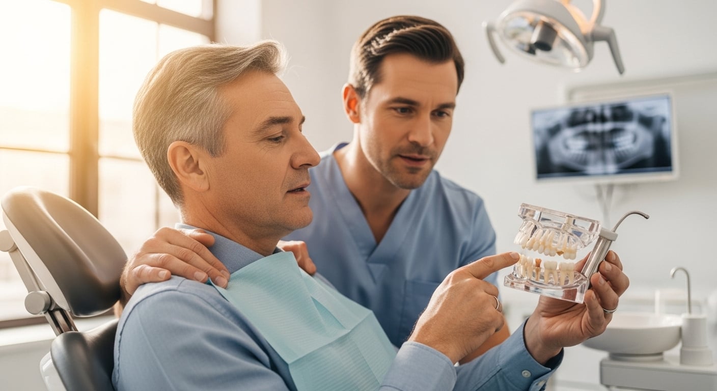 Patient consulting with a dentist about tooth replacement options